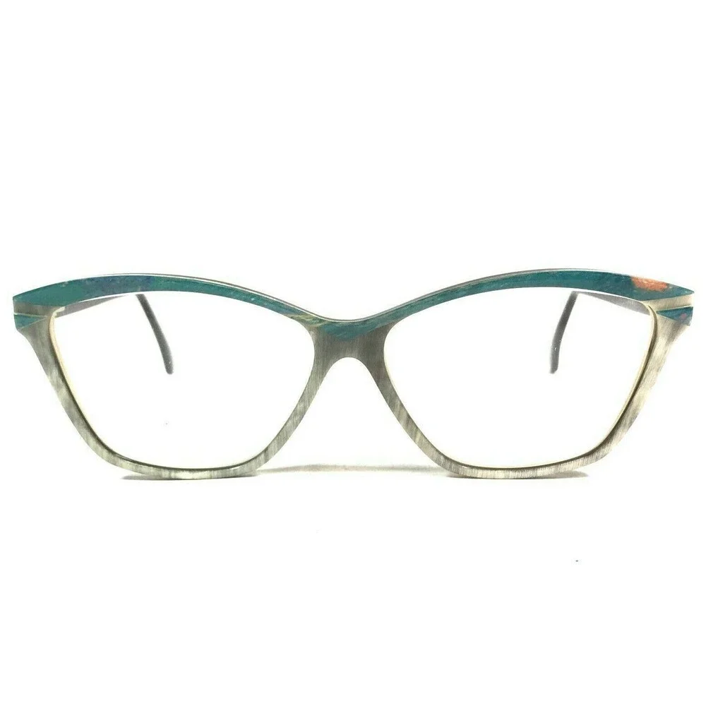 Vintage Buffalo Horn Eyeglasses Frames Striped Gray Teal Blue NOMIS 57-16-135